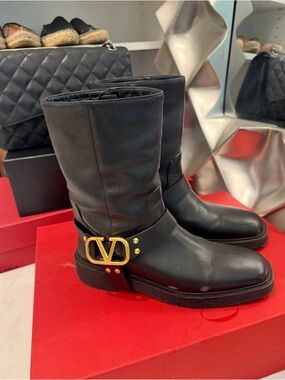 Valentino Garavani Black Leather Lace-Up Mid-Calf Boots with Gold V Buckle